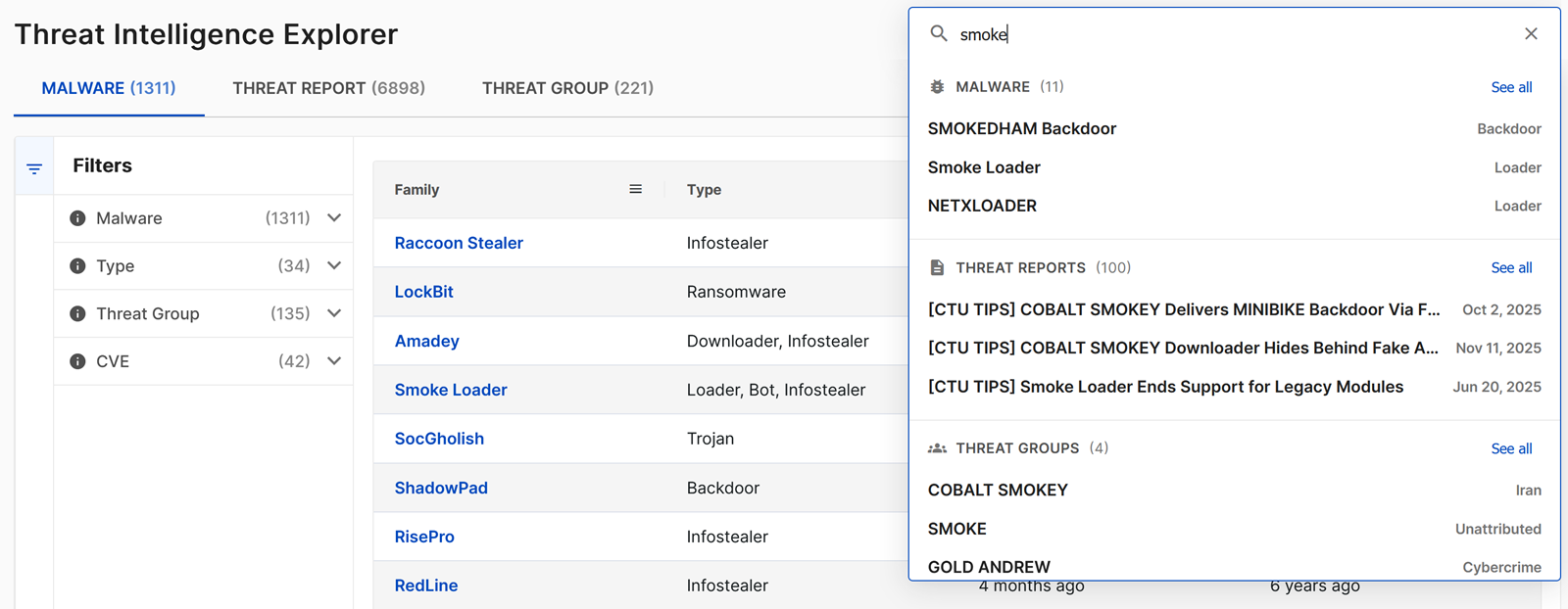 Threat Intel Explorer global search.