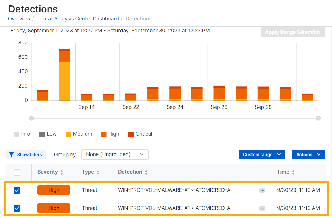 Detections page with detections selected.