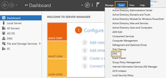 Open the DNS page in Windows Server.
