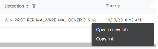 Detections menu with open and copy options.