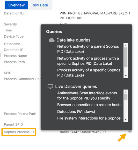 Detections pivot menu.