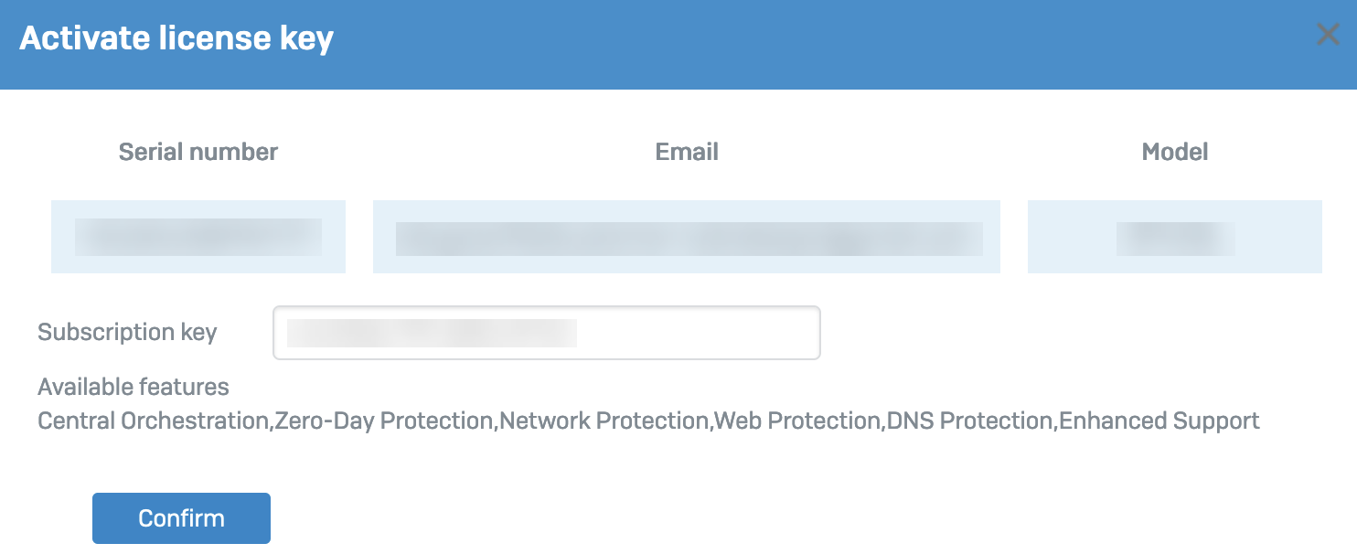 License details confirmation window.
