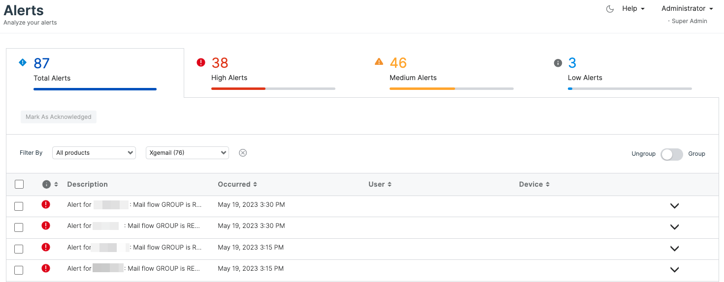 Sophos Mailflow grouped alerts.