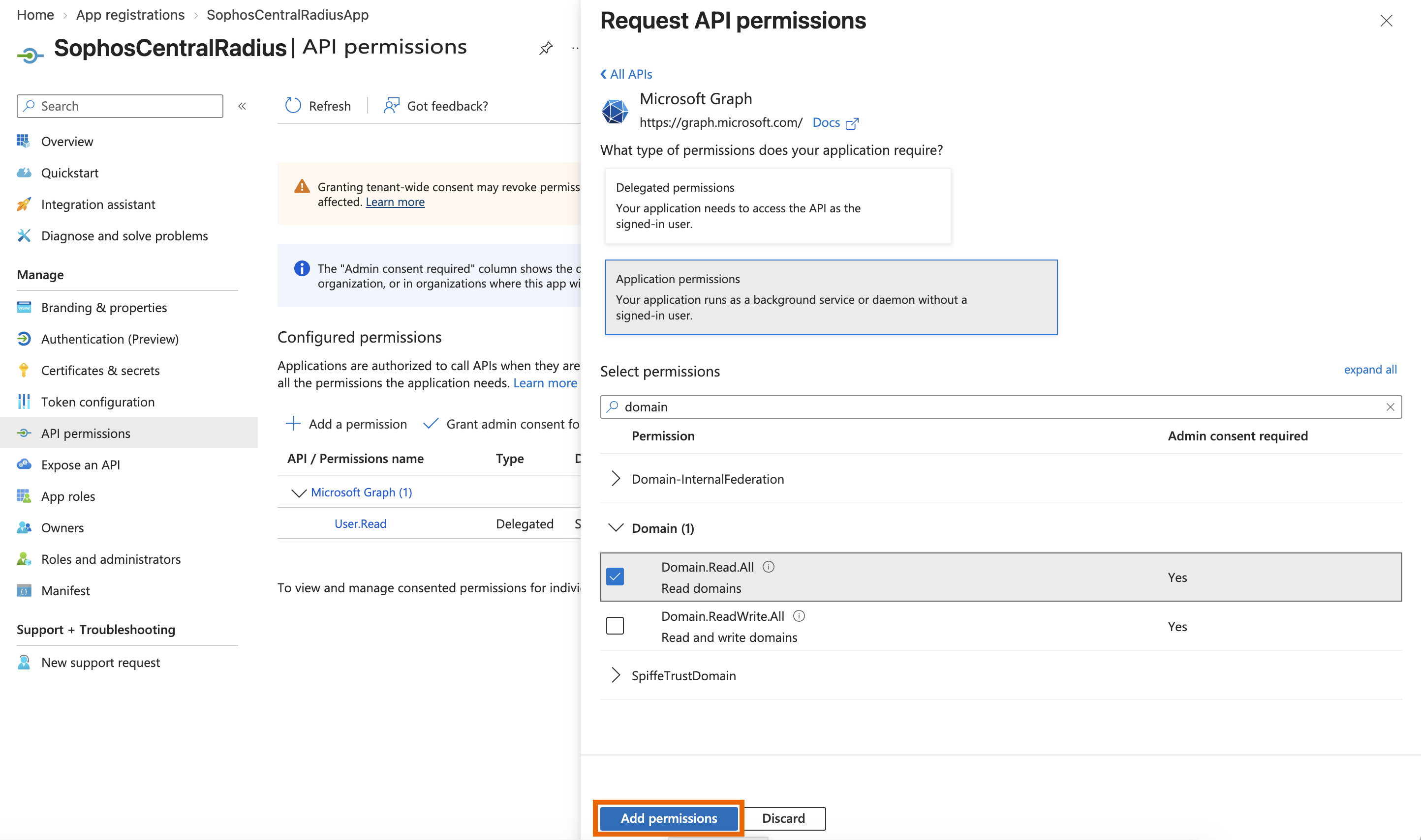 Microsoft Graph API permissions page with the Directory.Read.All application permission selected and the Add permissions button highlighted.