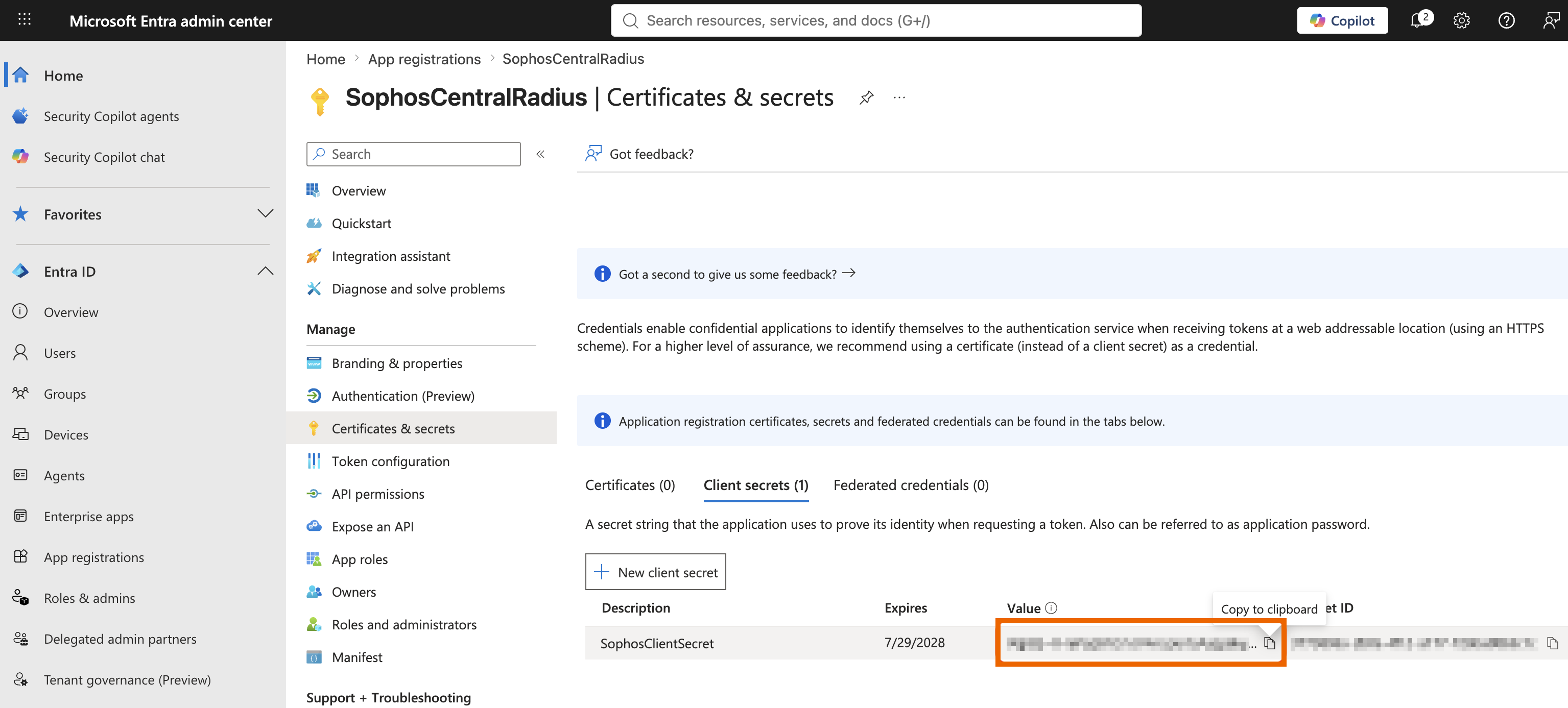 Certificates & secrets page in Microsoft Entra admin center showing the client secret value to copy.