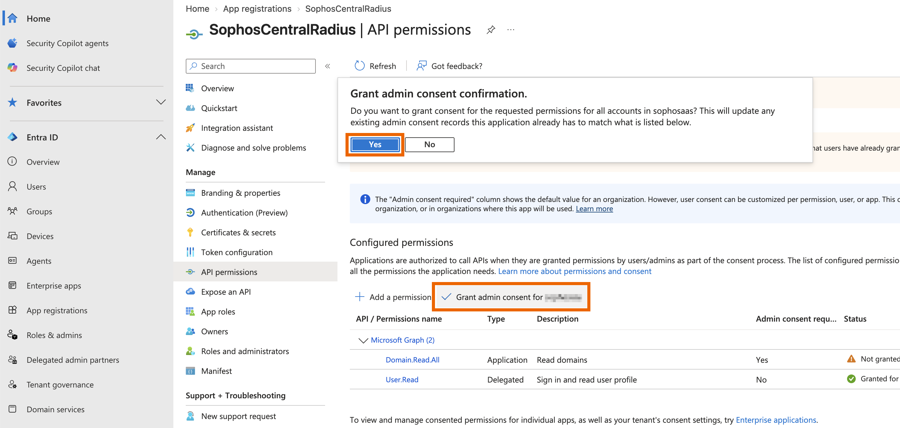Grant admin consent confirmation dialog in Microsoft Entra admin center with the Yes button highlighted.