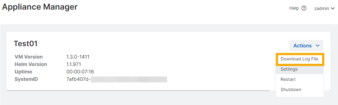 Appliance Manager dashboard showing Actions menu.
