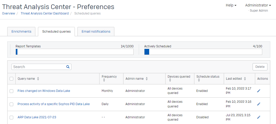 Scheduled queries list.