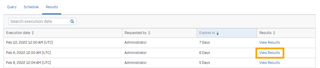 Scheduled queries results list.
