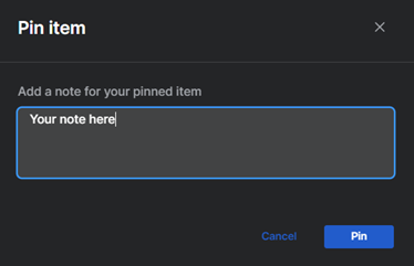 "Pin item" dialog with customer note added.