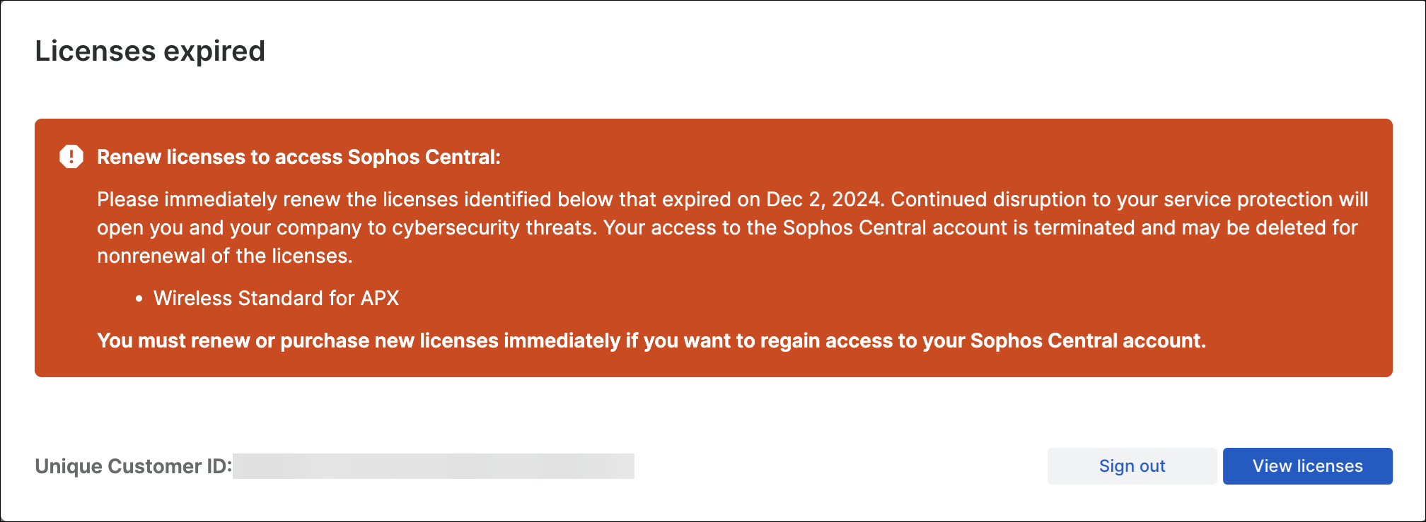 "Licenses expired" final warning message.