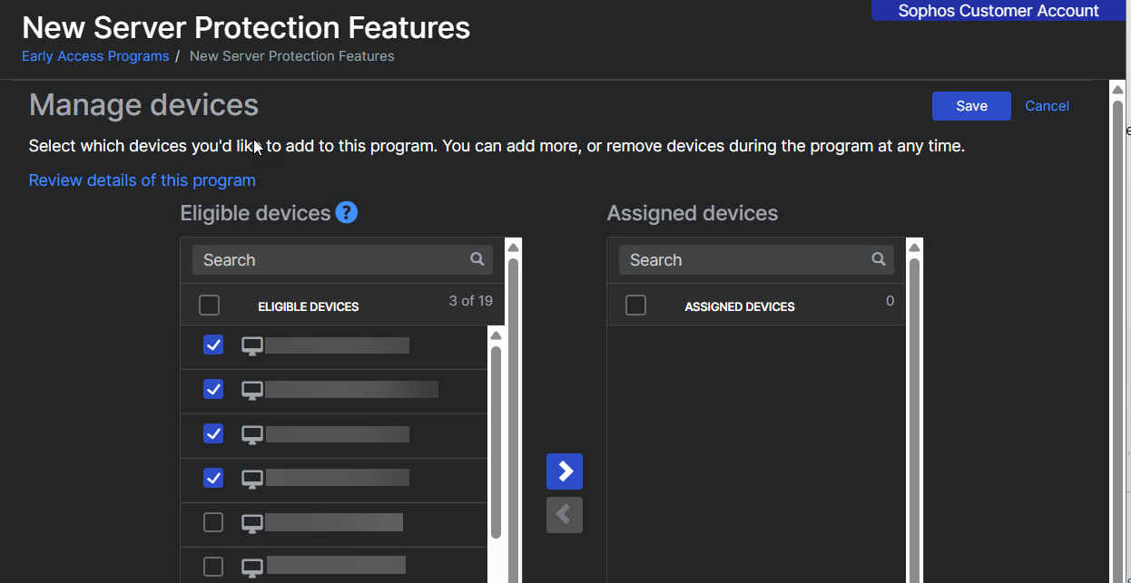 Eligible devices list with devices selected.