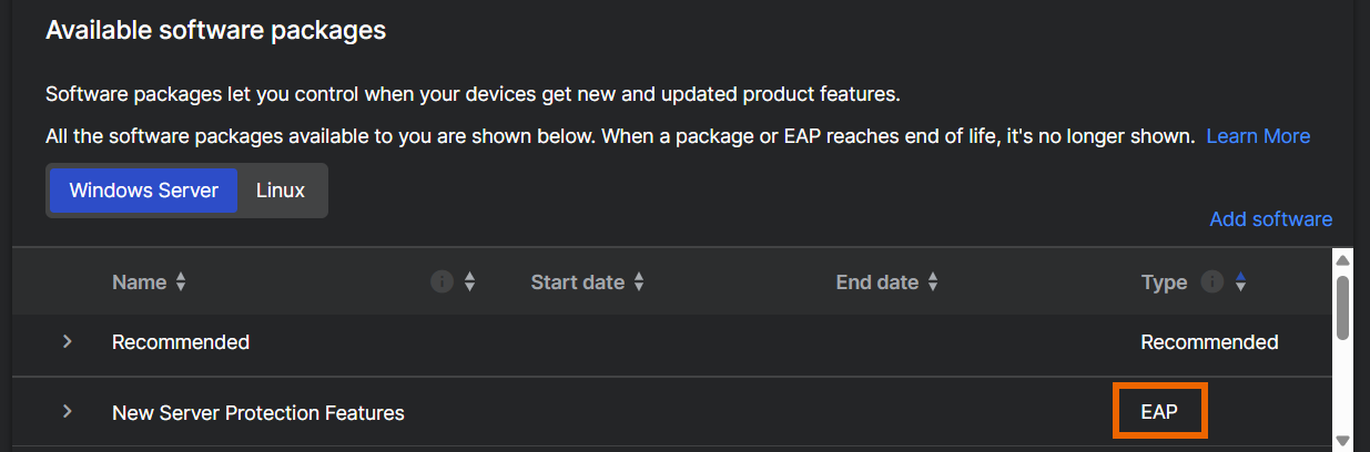Packages list showing an EAP package.