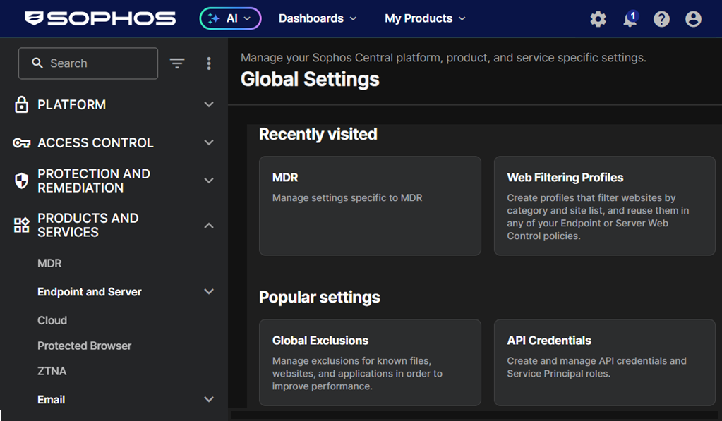 Global Settings page.