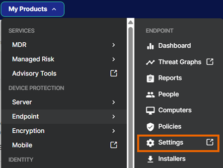 The "Endpoint" product menu with "Settings" highlighted.