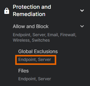Global Settings menu with product tags.