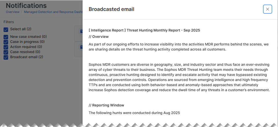 MDR threat hunting report notification.