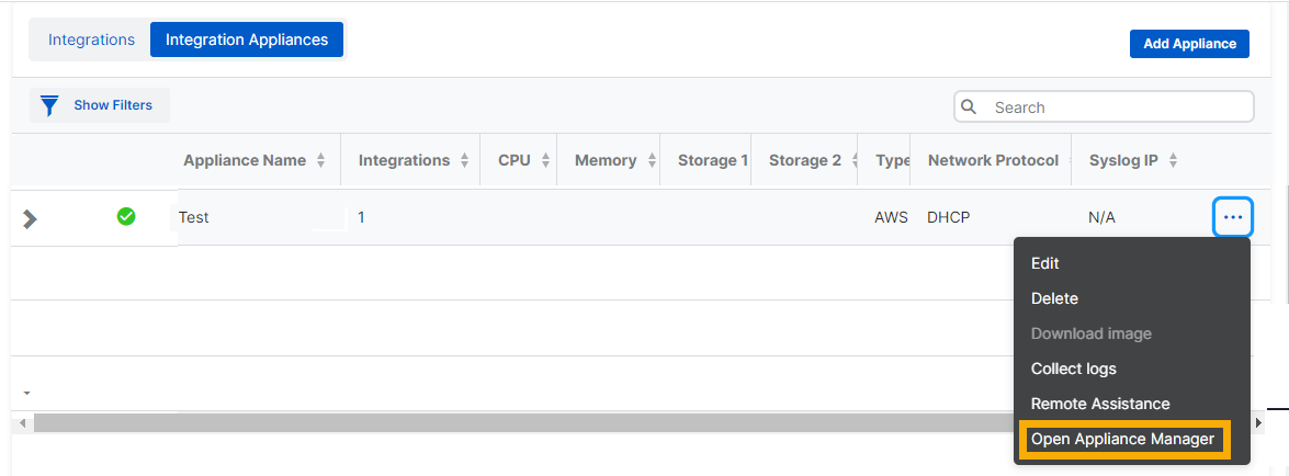 Appliance actions menu.