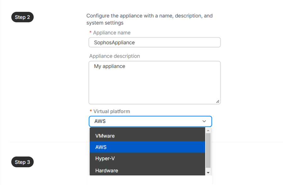Appliance settings with AWS selected as platform.