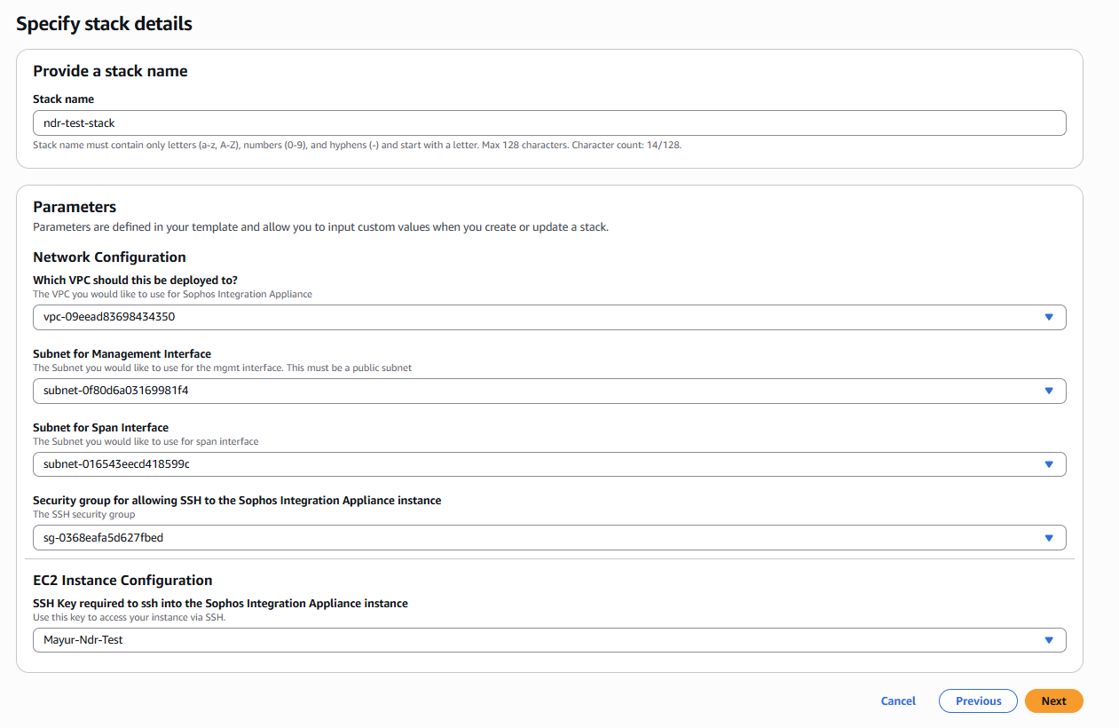 "Specify stack details" page.