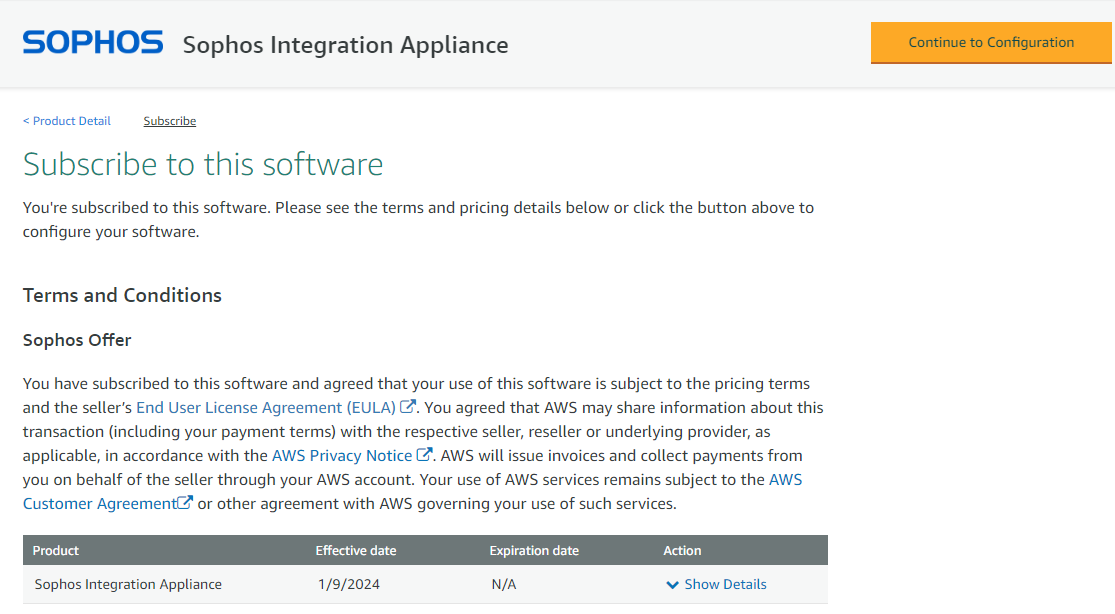 AWS "Subscribe to this software" page.