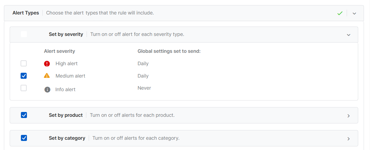 Alert types section, with the Set by severity options shown.