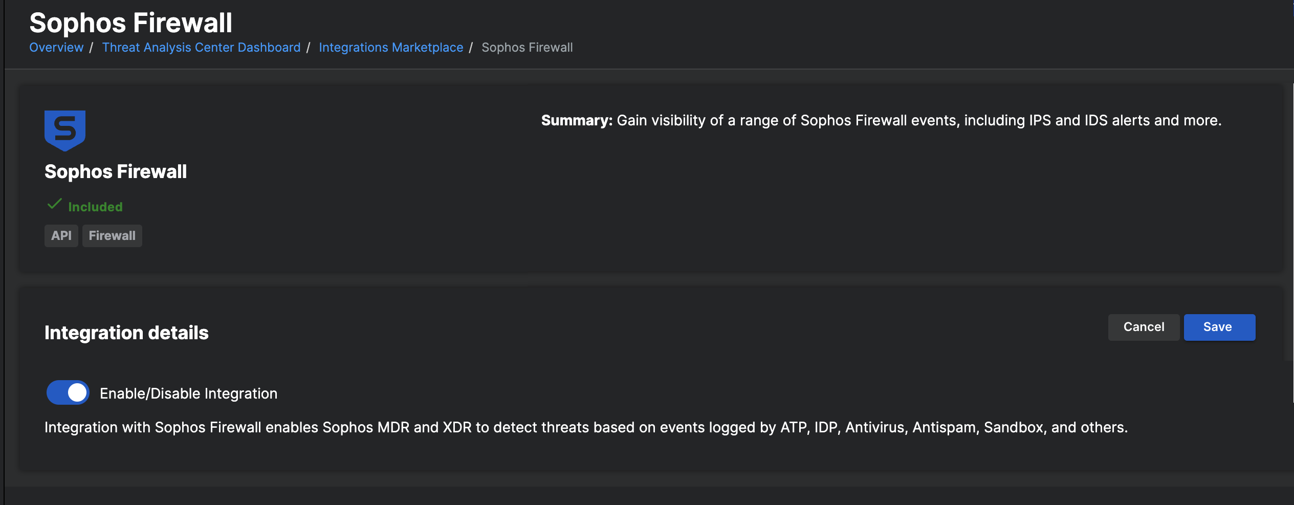 Integration details with toggle.