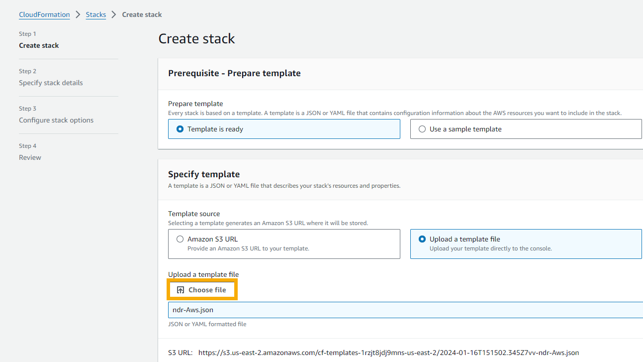 "Create stack" page showing choice of template file.