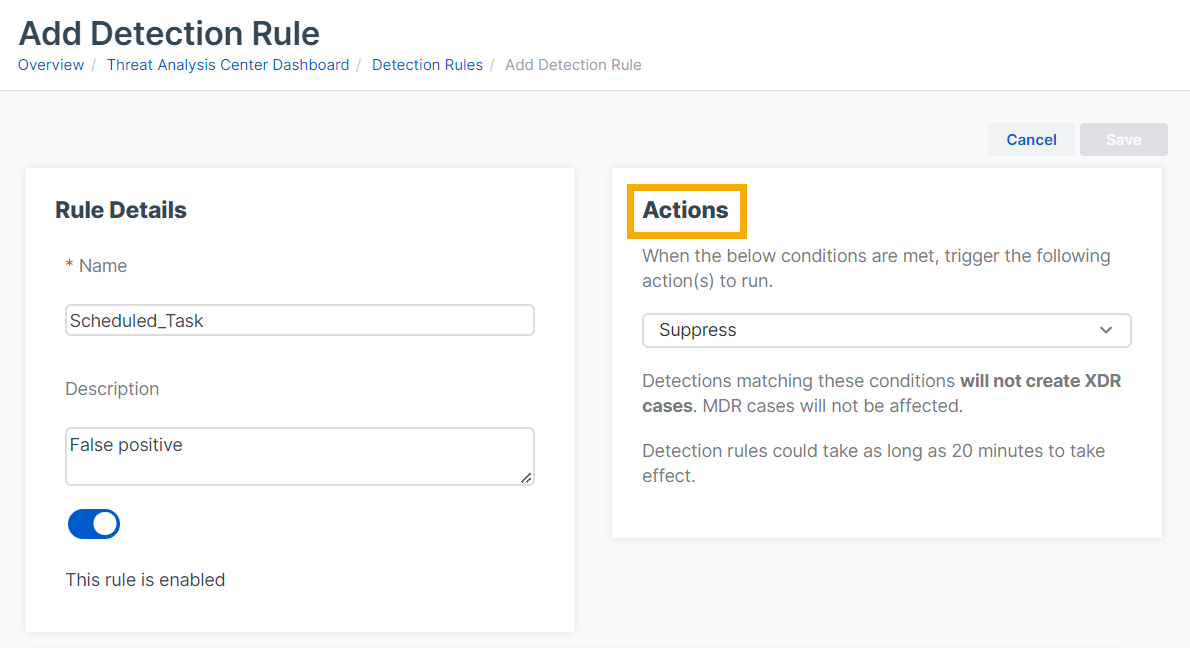 Detection rule details and actions.