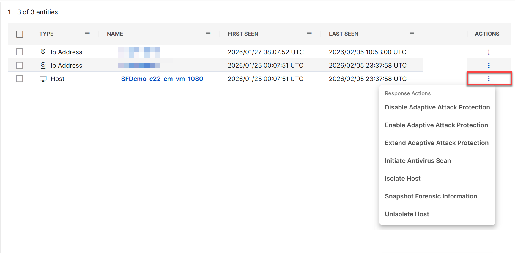 Actions menu on an entities table.