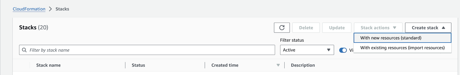 Create new stack in AWS.
