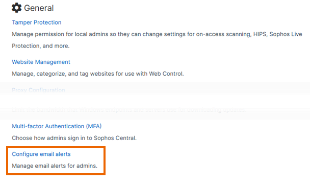 "Configure email alerts" in the General section.
