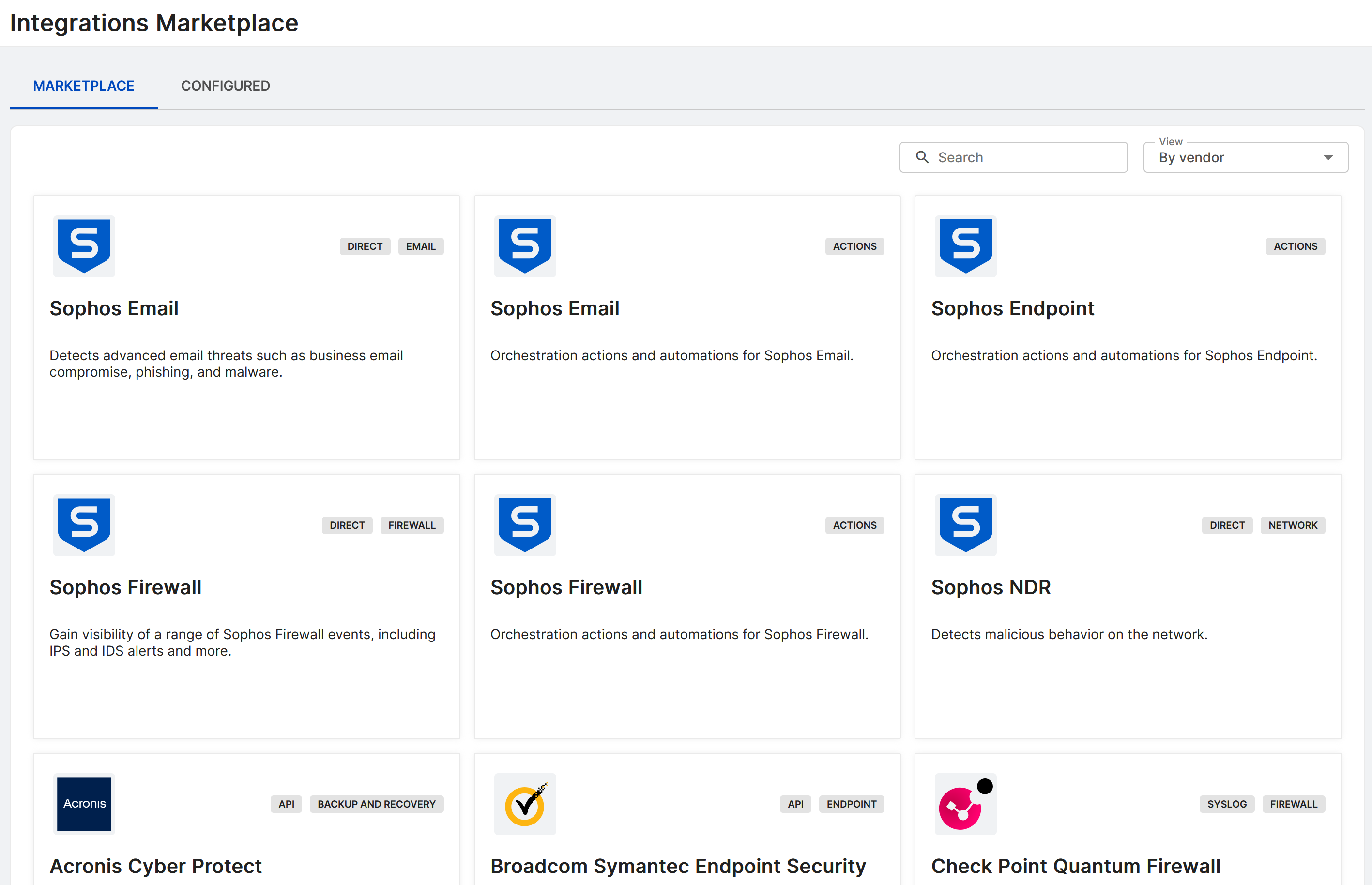 Integrations Marketplace by vendor.
