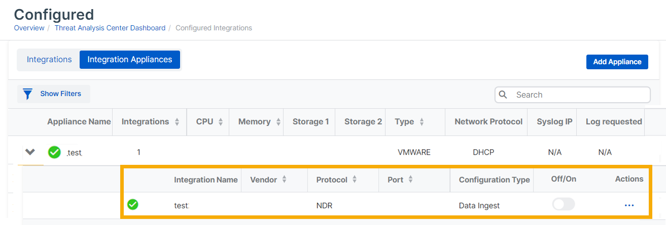 Integrations hosted by the appliance.