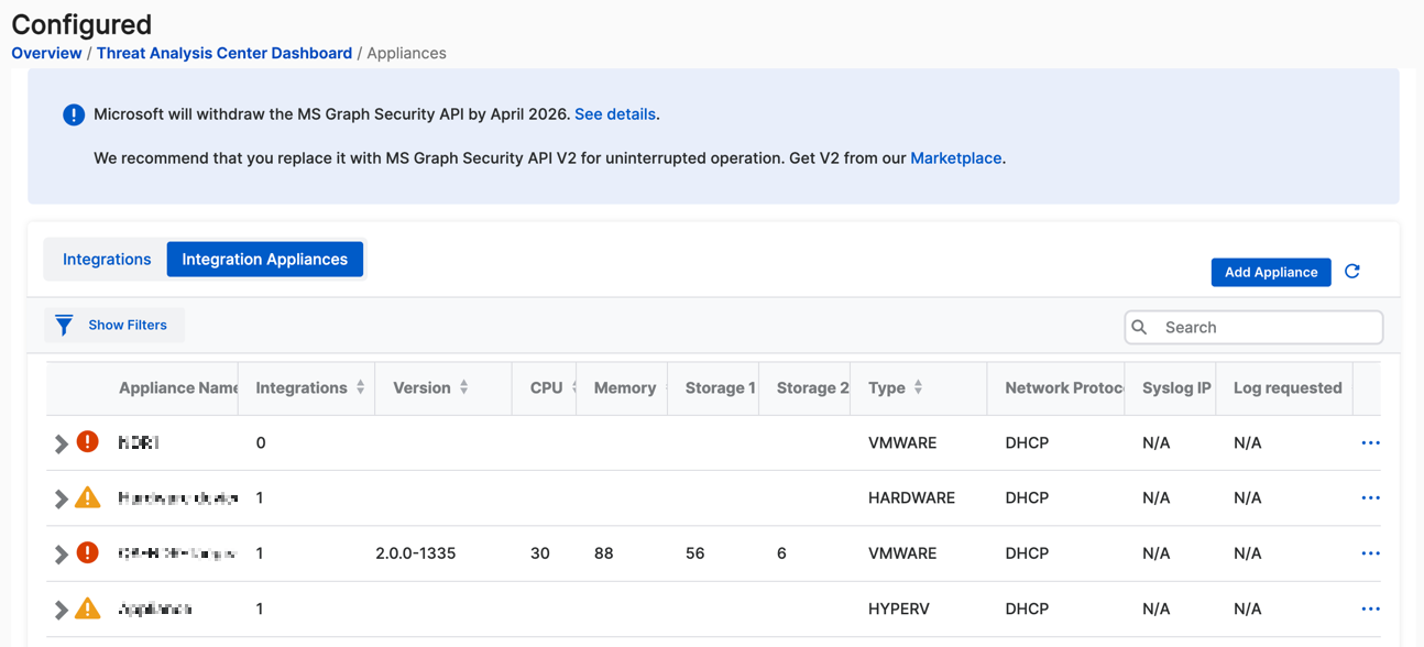 Integration Appliances list.