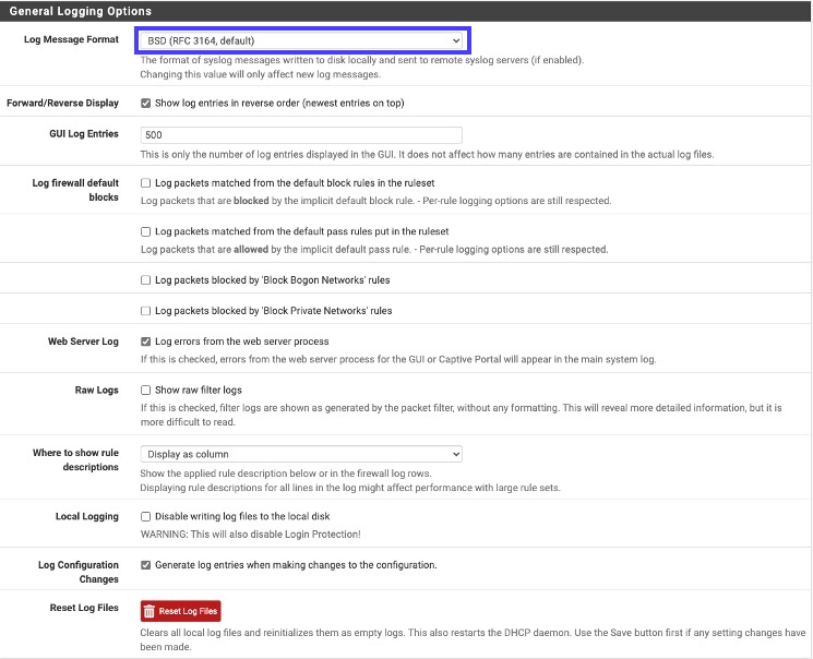 pfSense remote logging options.