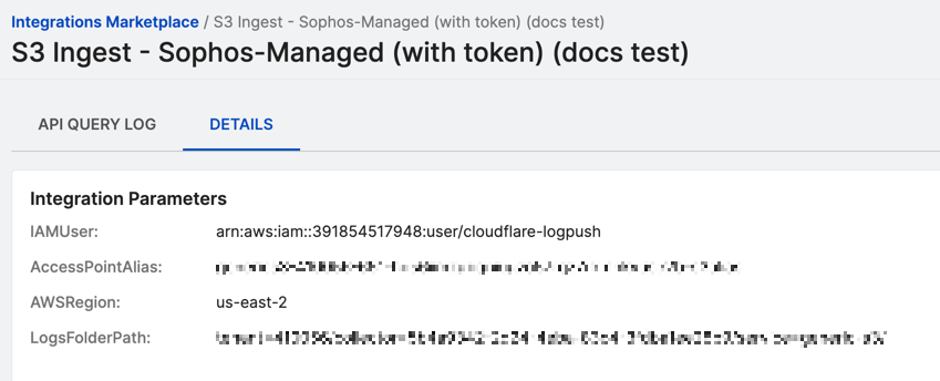 Details tab of an S3 ingest integration.