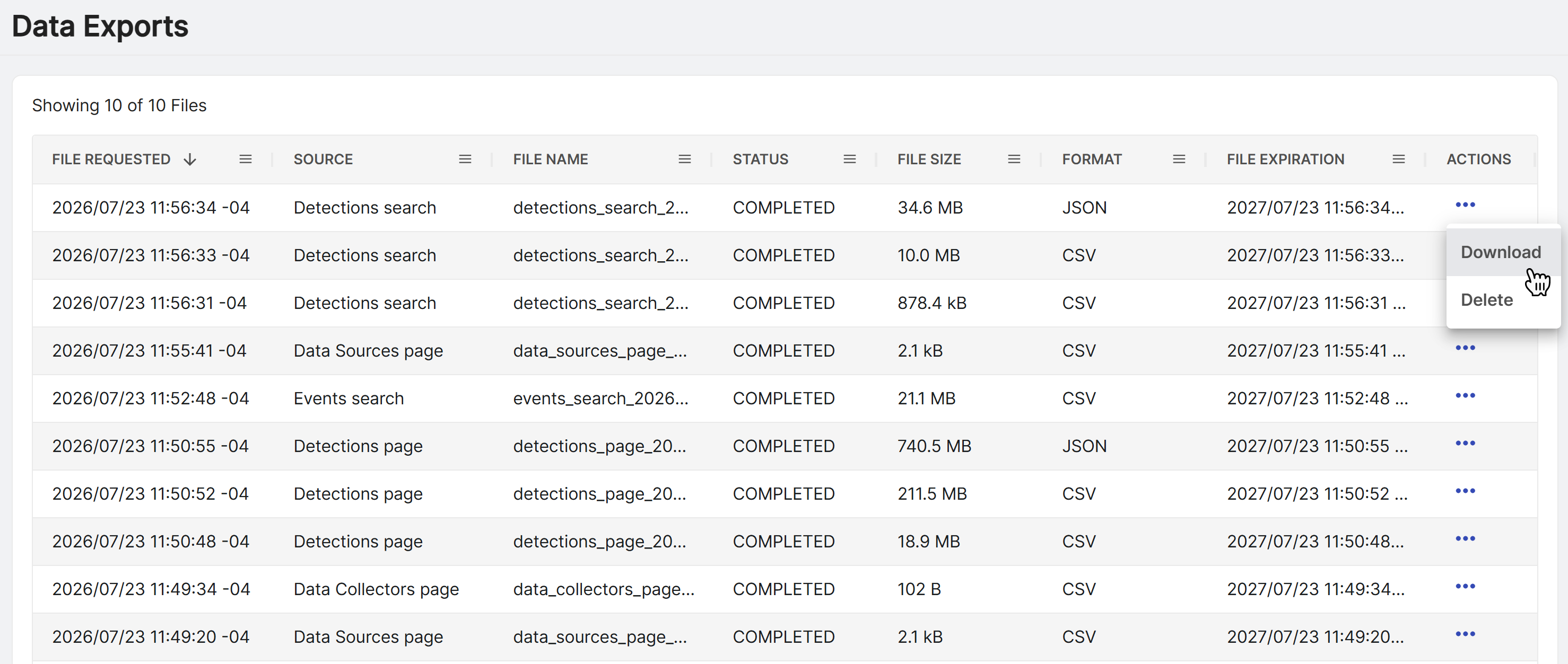 Data Exports table.