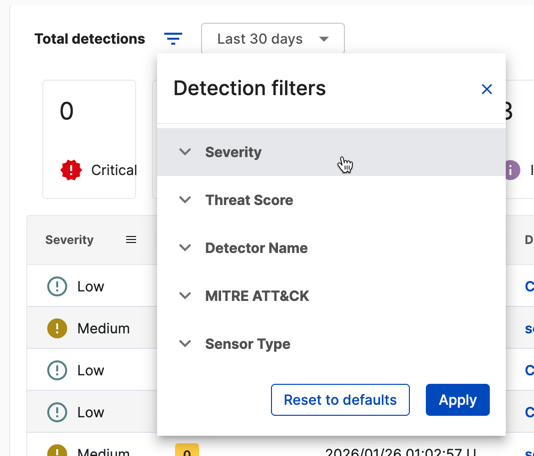 Detection filters menu in Total detections widget.