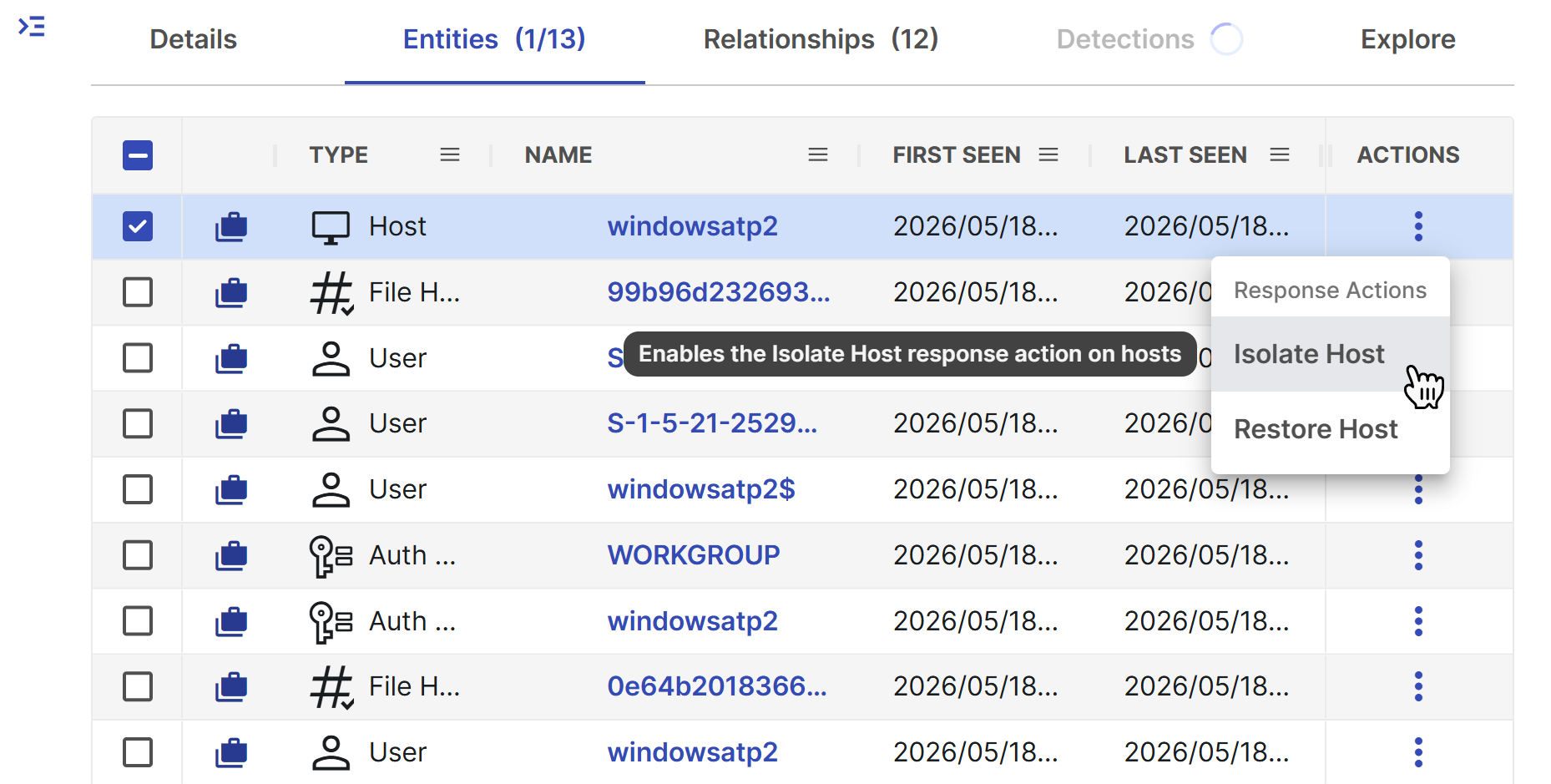 Run response action from Entities tab.