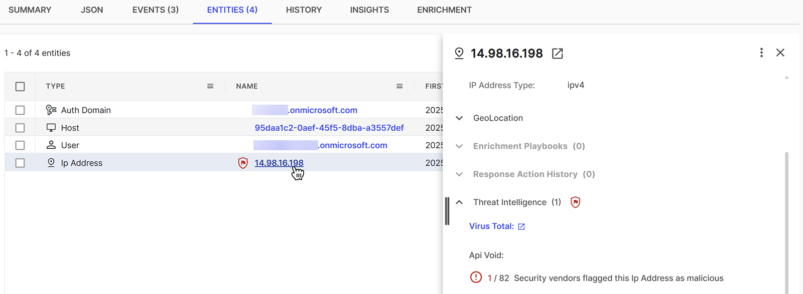 Entities tab threat intelligence.