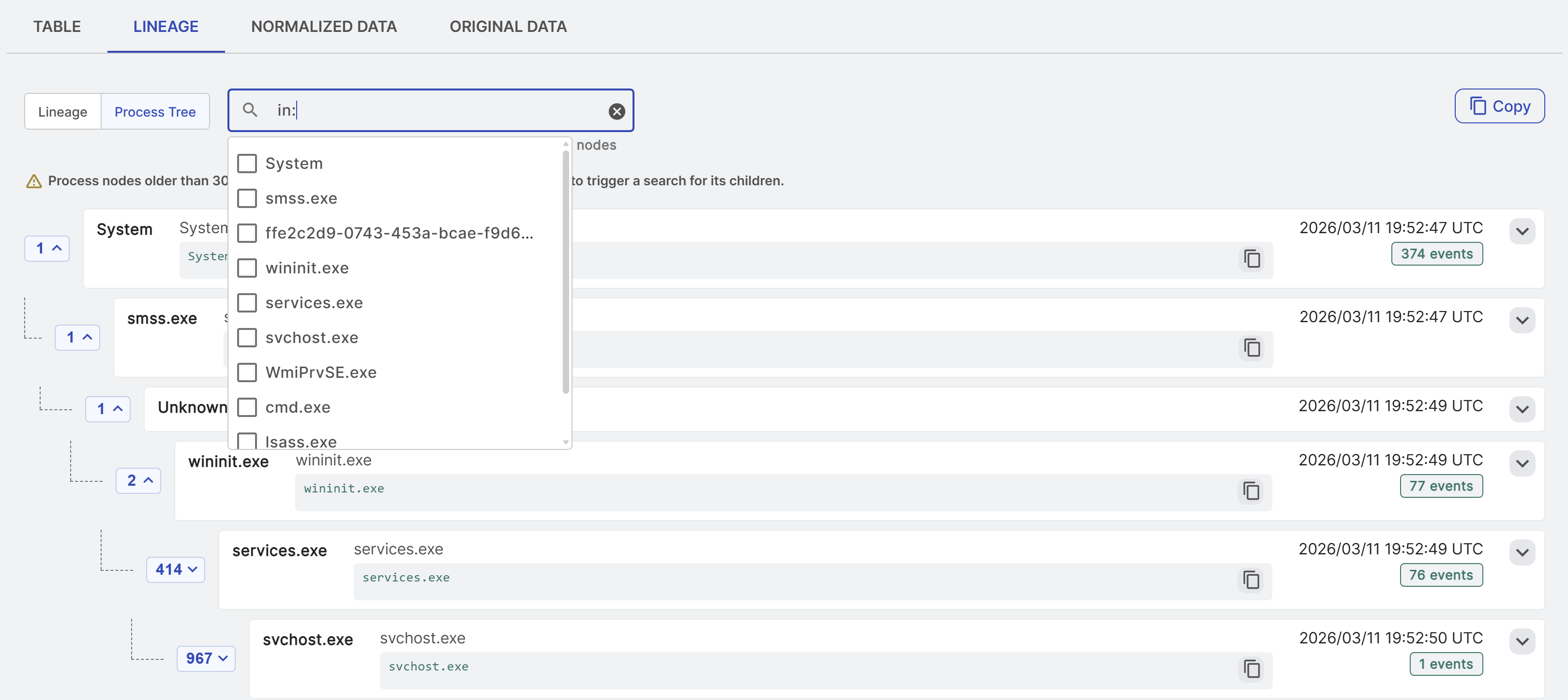 Process selection list for the IN operator.