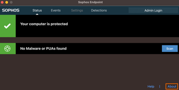 Sophos Endpoint Agent About button.