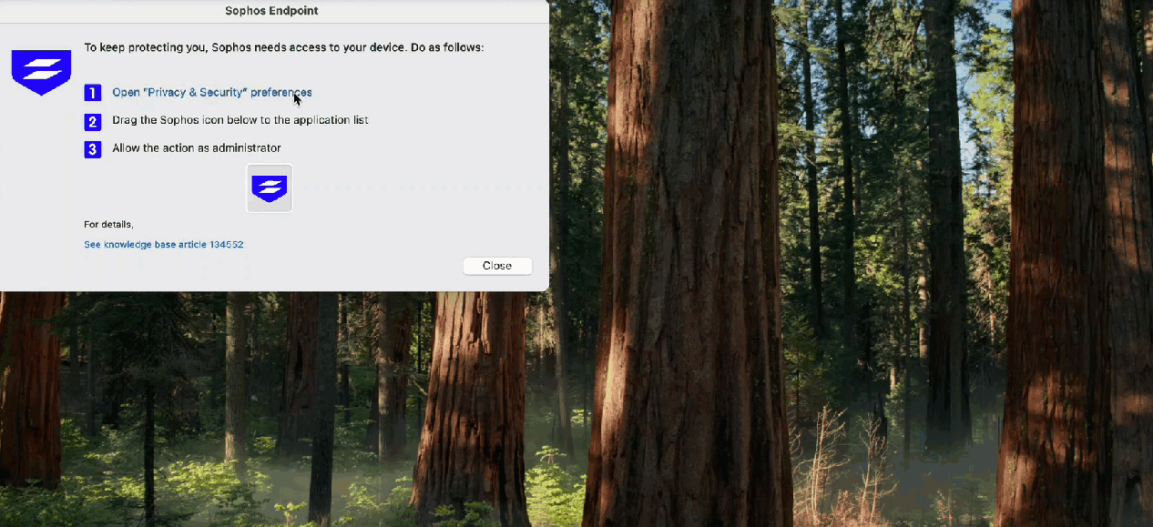 Animated image showing how to add full access permissions for Sophos Endpoint.