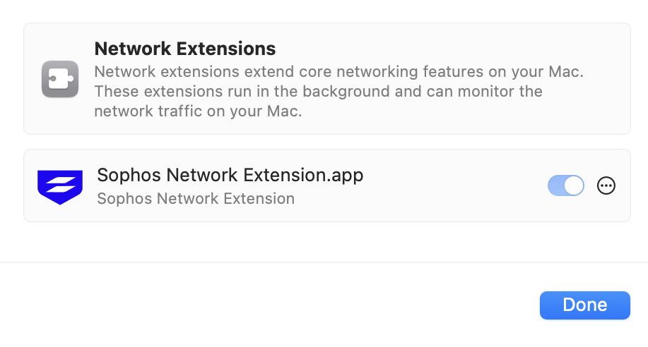 Turn on Sophos Network Extension.