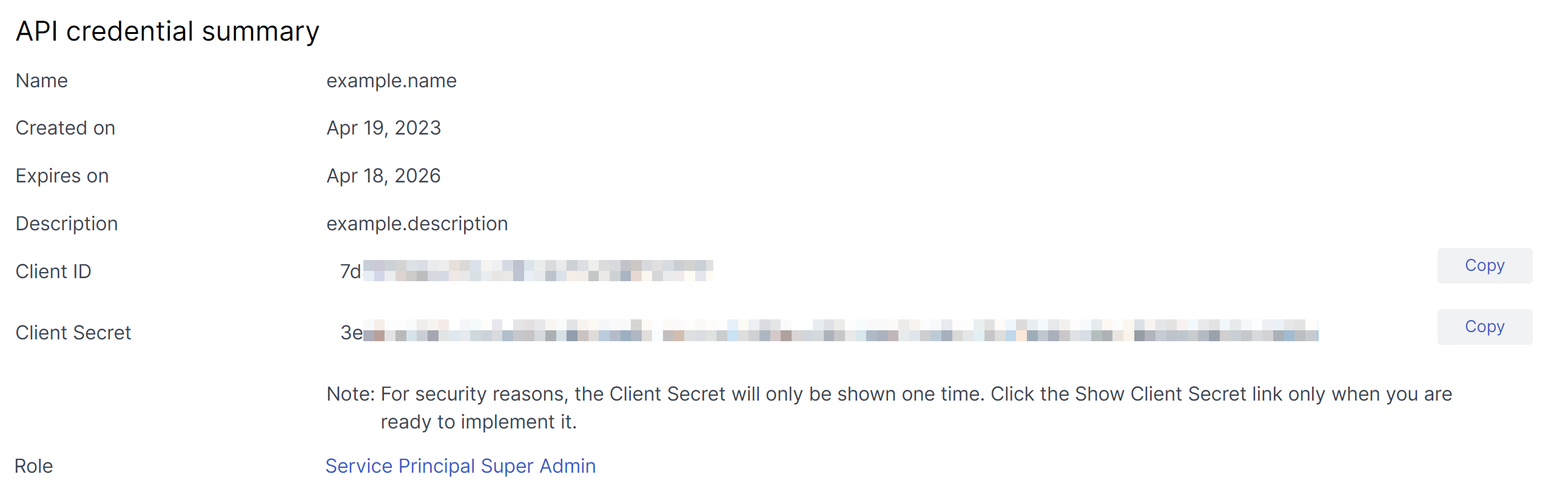 API credential summary.