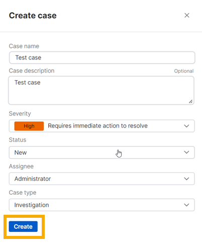 Create case dialog.