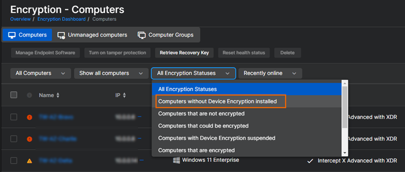 The "Computers without Device Encryption installed" filter setting.
