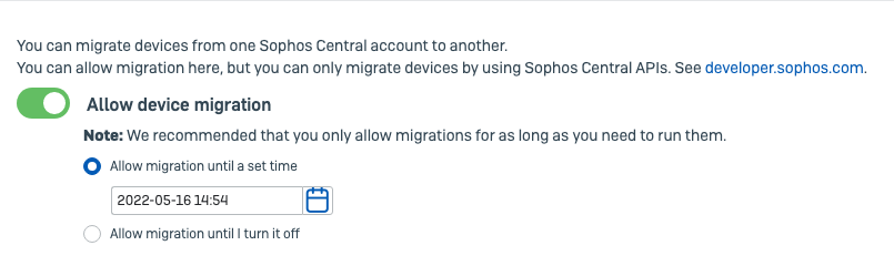 Device migration settings.