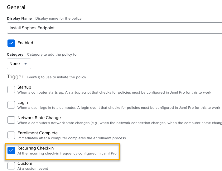 Policy settings in Jamf Pro.